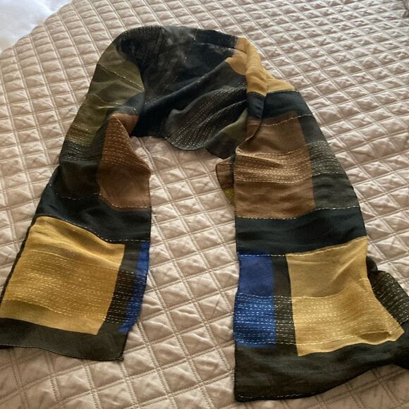 Oblong Scarf in Fall Colors with a Splash of Blue & Gold Metallic Thread. - Picture 1 of 3